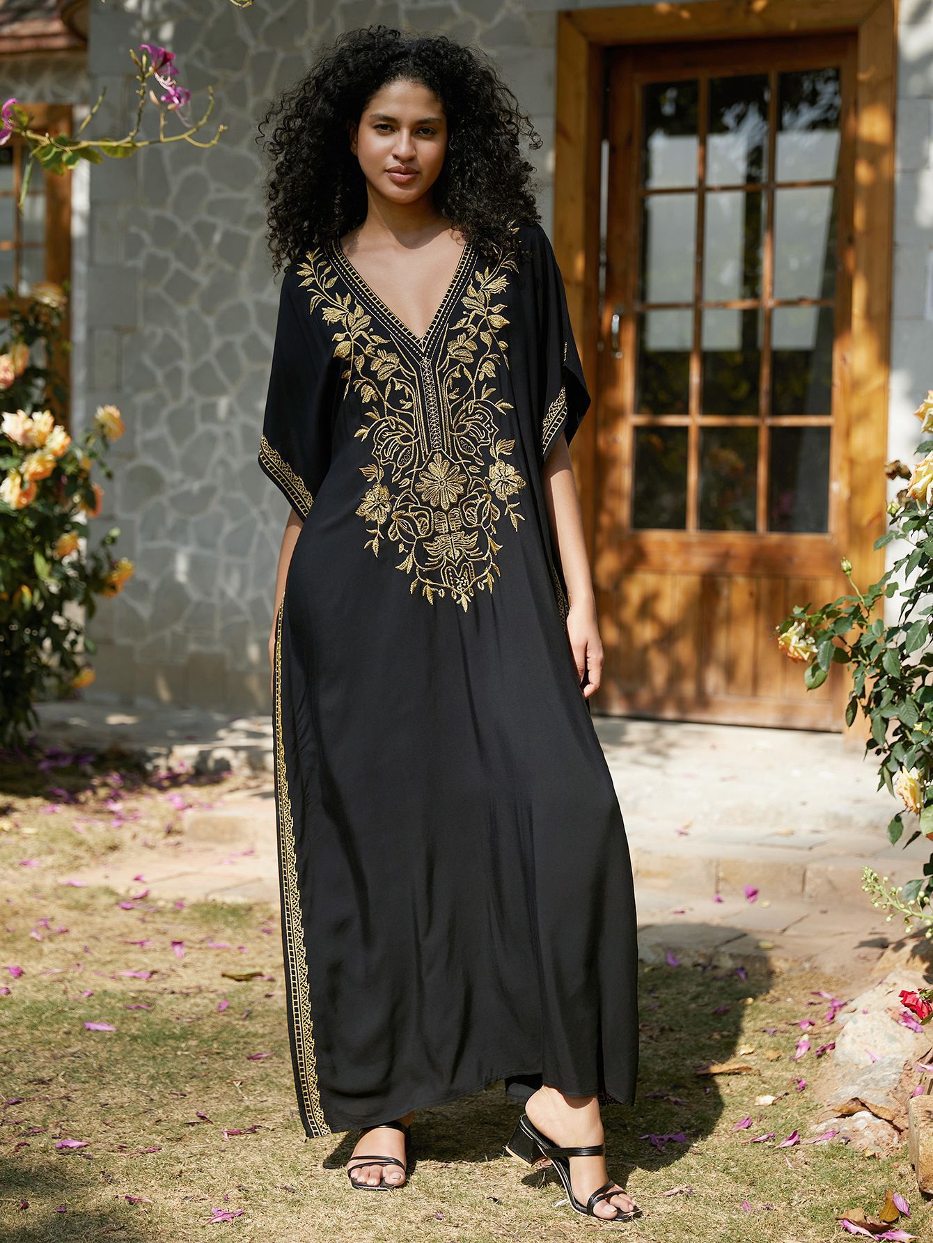 Embroidery Kaftan - Black Gold Embroidery Kaftan Maxi Dress