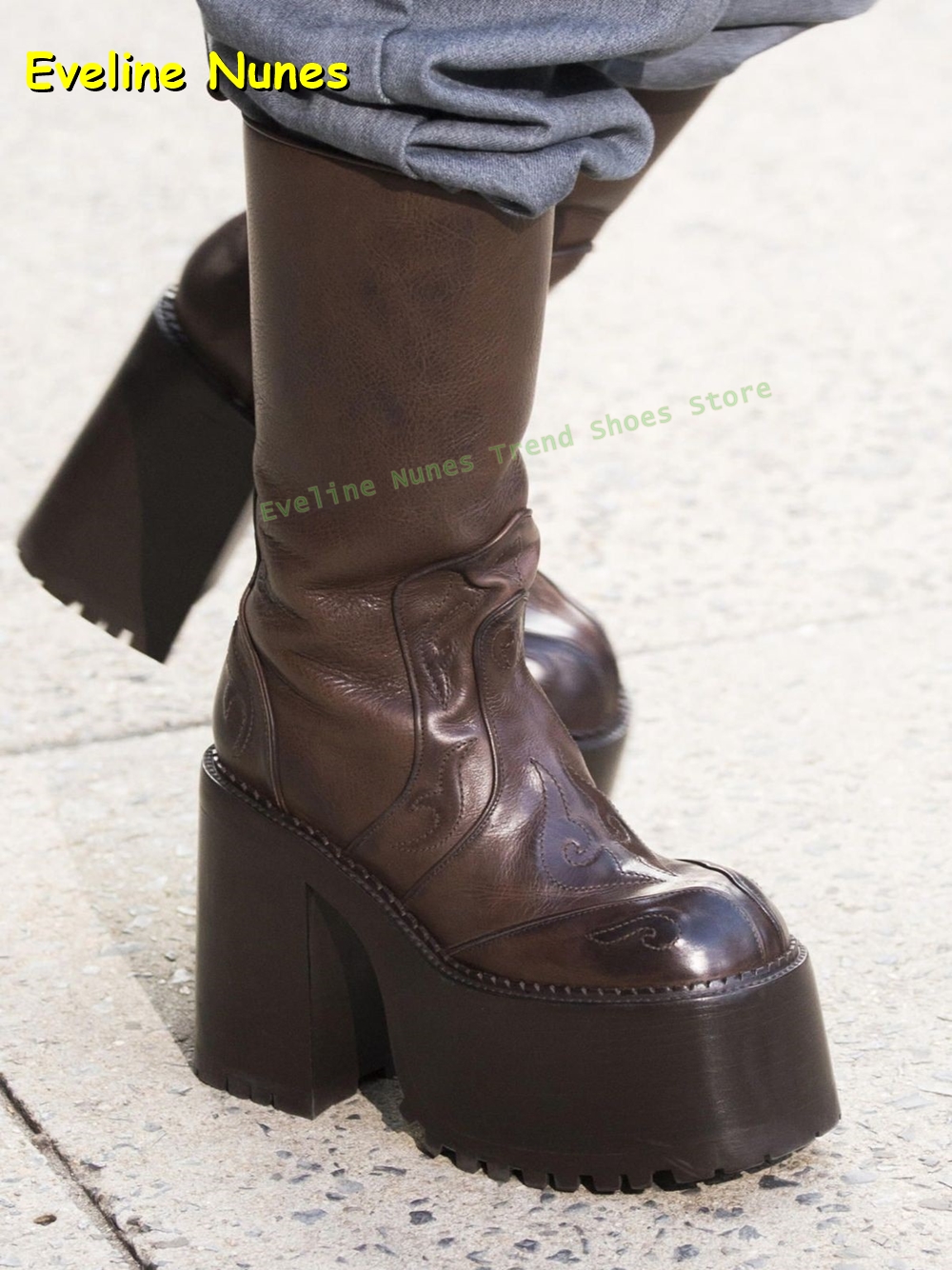 Embroidery Shoes - Embroidery Platform Knee High Boots Round
