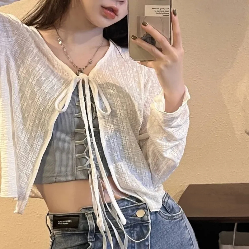 Embroidery Online - 2026 White Tie Up Summer Cardigan